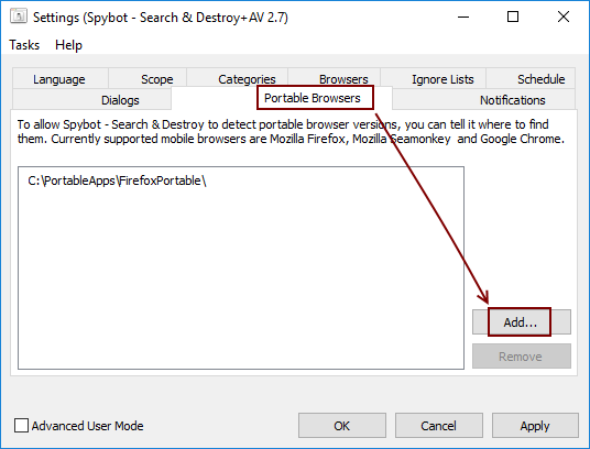 Spybot 2.7 Settings Portable Browsers