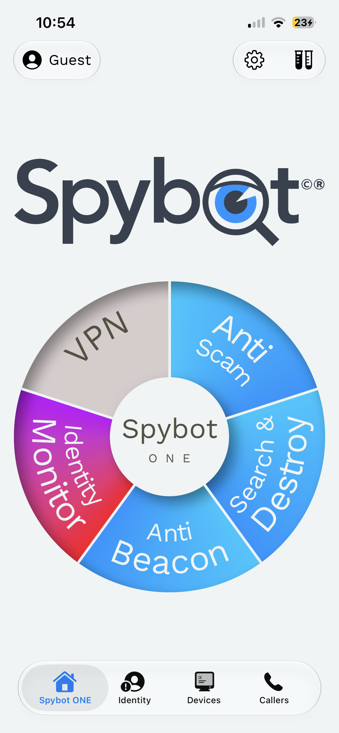 Main Screen of the app, showing a center circle with the available functions